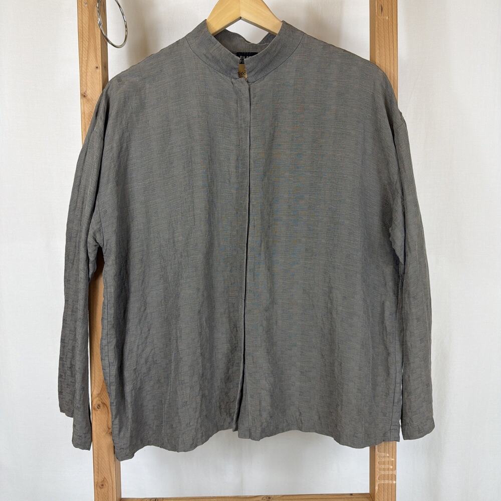 Eileen Fisher Taupe Gray High Collar Long Sleeve Button Up Top #1271 Size MED